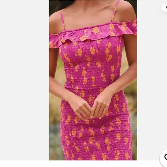 NWT By Anthropologie Smocked Off-The-Shoulder Midi Dress Size Large Magenta - Picture 6 of 10